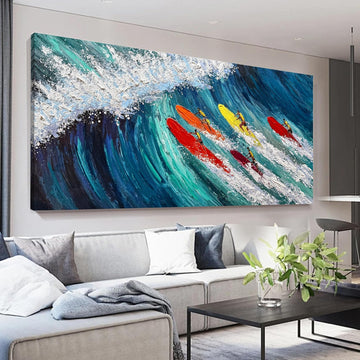 Coastal Canvas Wall Art Large Blue Beach Hand Painted Oil Painting Ocean Wave Wall Art Colorful Surfer Artwork
