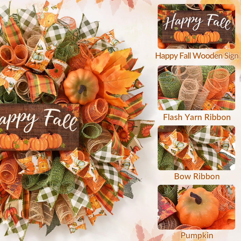 Fall Decor, Fall Wreaths for Front Door, 20" Wreath Mesh Bow with Wood Sign