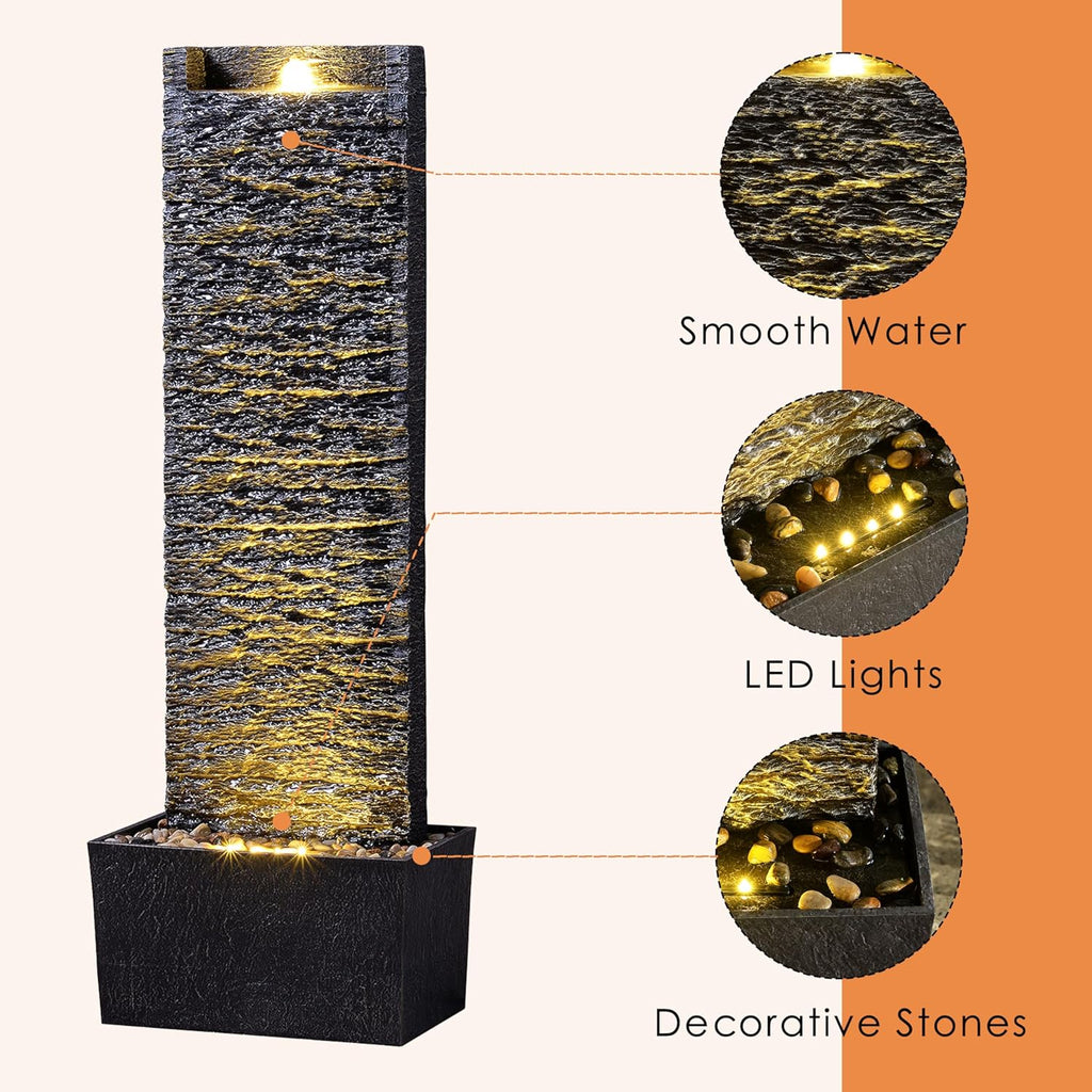 Water Fountain Outdoor, Floor Standing LED Illuminated Water Flow Elegant Water Fountain Pump 38.5" with Pebble Base