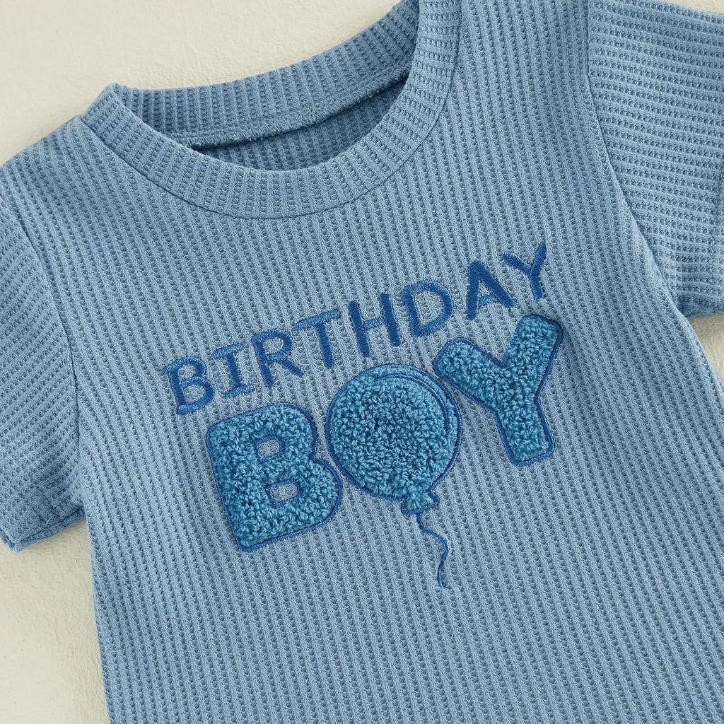 Toddler Baby Boy Birthday Outfit Waffle Knit Short Sleeve Shirt Shorts 1st 2nd 3rd 4th Birthday Outfits Clothes Set
