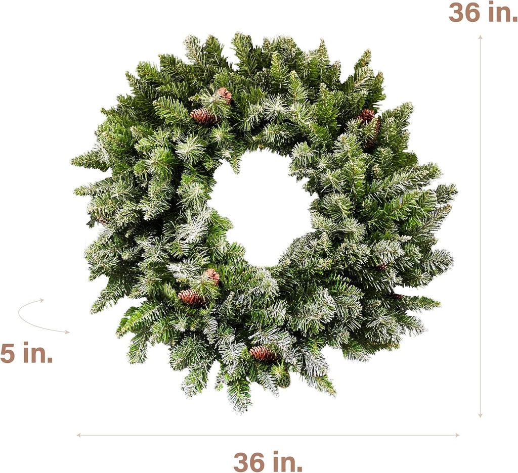 36" Frosted Pine Wreath Door Hanging with Pinecones, No Lights, FFWRA036-0SN, Snow
