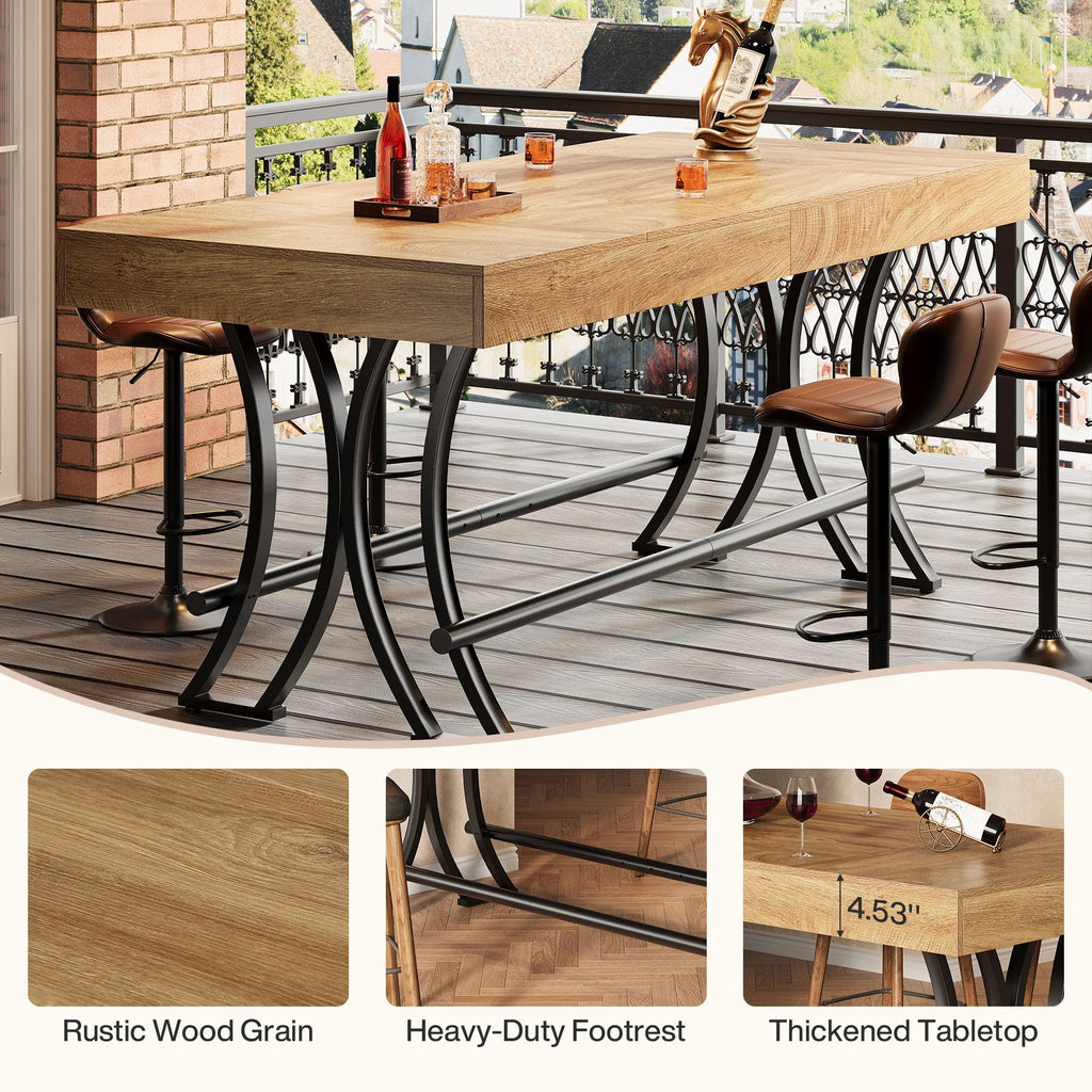 63" Counter Height Bar Table with Metal Footrest, Rectangular Tall Kitchen Dining Pub Table, Industrial Home Bar Unit