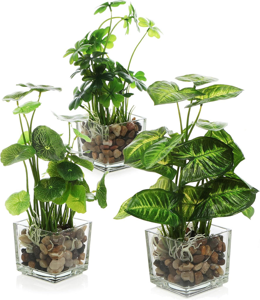 Set of 3 Small Assorted Artificial Plants in Clear Glass Pot | Indoor Faux Plant Potted in Pebbles Decor, Mini