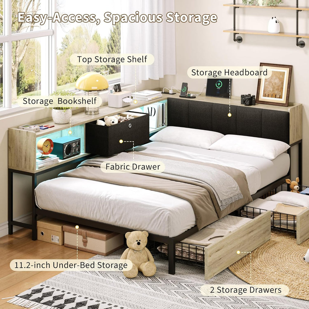 Twin Corner Bed Frame with 2 Storage Drawers, LED Lights & Charging Station, Storage Upholstered Headboard, Sturdy