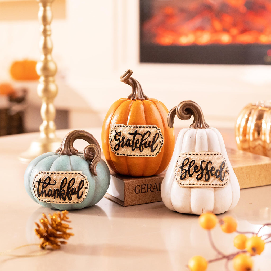 Pumpkins Fall Table Decor, Set of 3 Resin Decorative Pumpkins Figurines Decor Indoor Tabletop Centerpieces Harvest