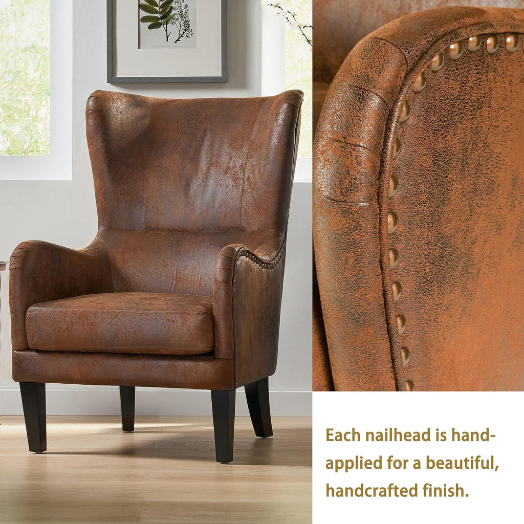 Mid-Century Modern Accent Chairs, 27" Wide Wingback Club Chair with Nailhead Trim, Fabric Reading Living Room Side