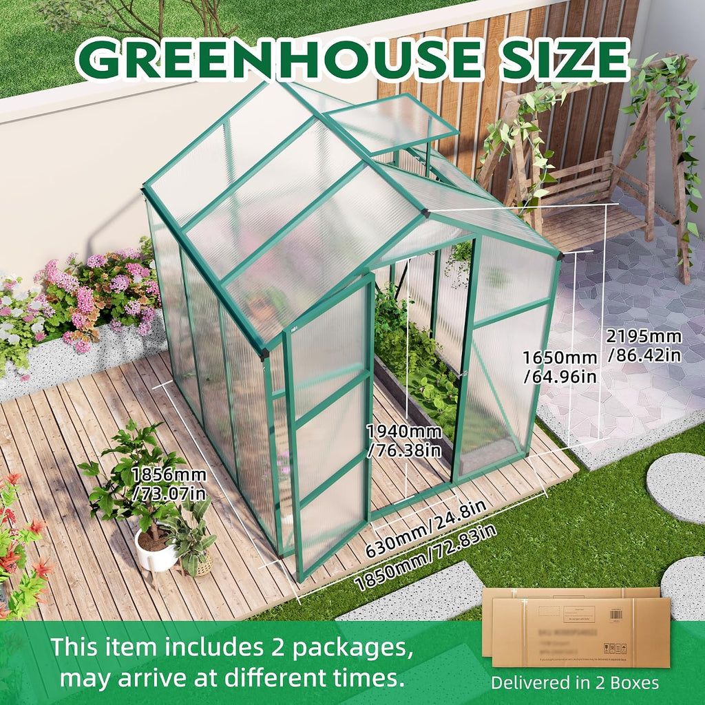 6x10FT Walk-in Polycarbonate Greenhouse Kit, Heavy Duty Aluminum Alloy Frame Green House with Ventilation & Drainage