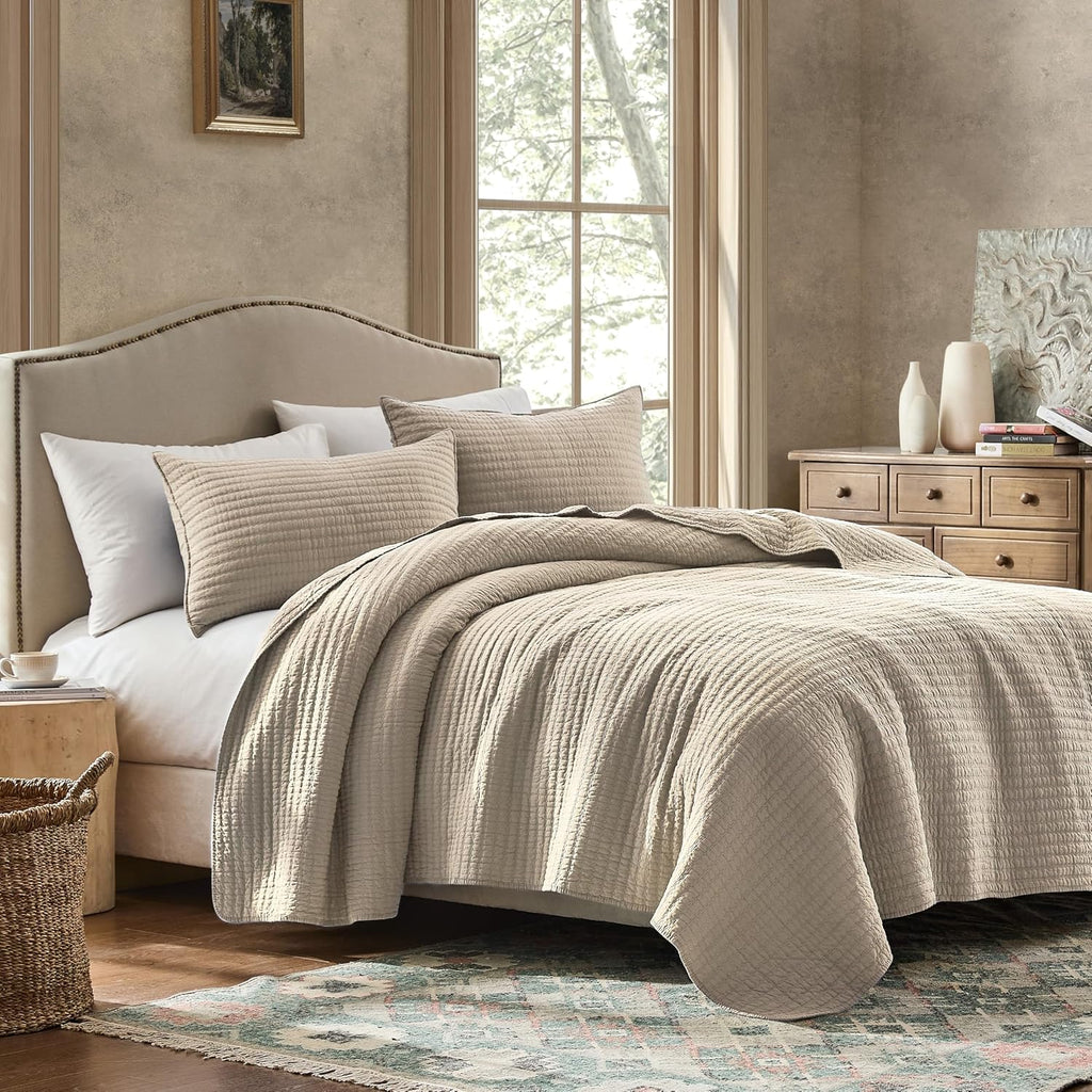 100% Cotton Queen Quilt Set - Beige Neutral Striped Pick Stitch Soft Lightweight Bedspread, Textured Like Linen