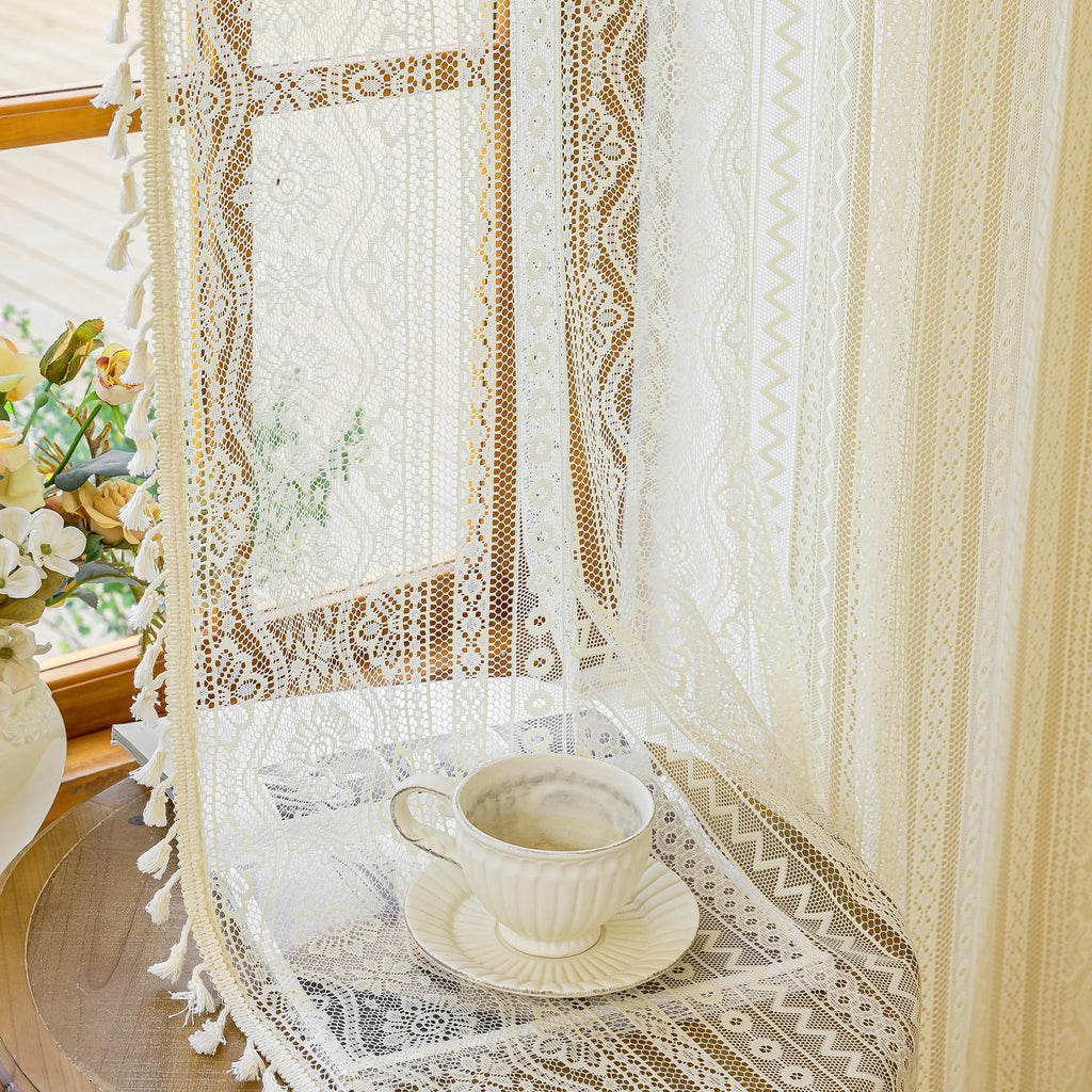 Beige Lace Tier Curtains 24 Inch Length 2 Panels Kitchen Cafe Sheer Short Boho Half Country Rod Pocket Curtains for