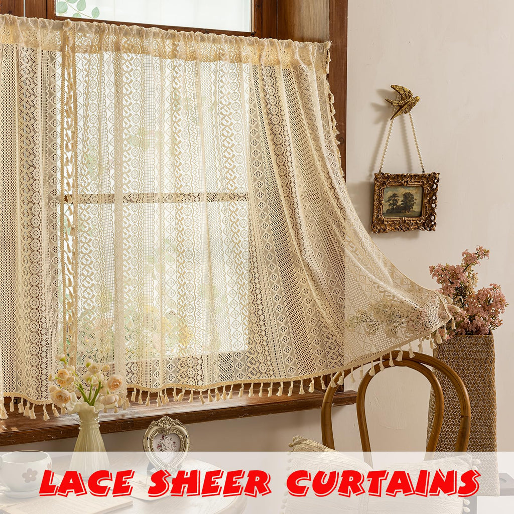 Beige Lace Boho Curtains 45 Inches 2 Panels, Semi Sheer Small Window Curtains Cafe Crochet Vintage Chic Country