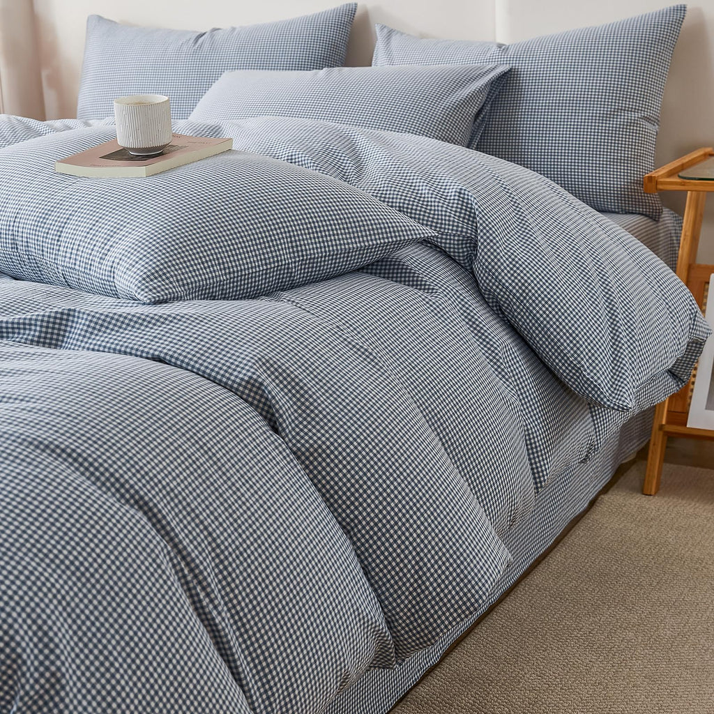 Vintage Blue Plaid Duvet Cover Set 100% Washed Cotton 3-Piece