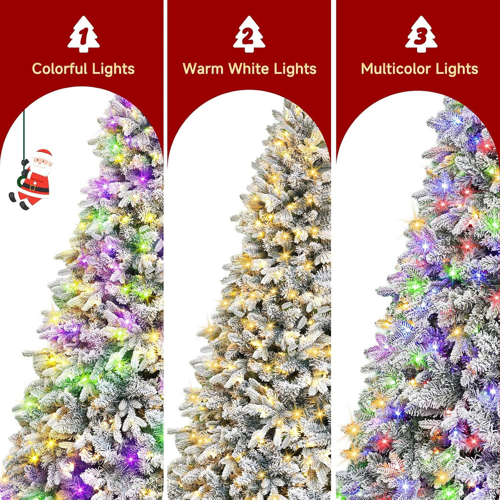 9FT Pre-lit Artificial Christmas Tree with Remote, Warm White+Multicolor 8 Modes Snow Flocked Xmas Light with 2512