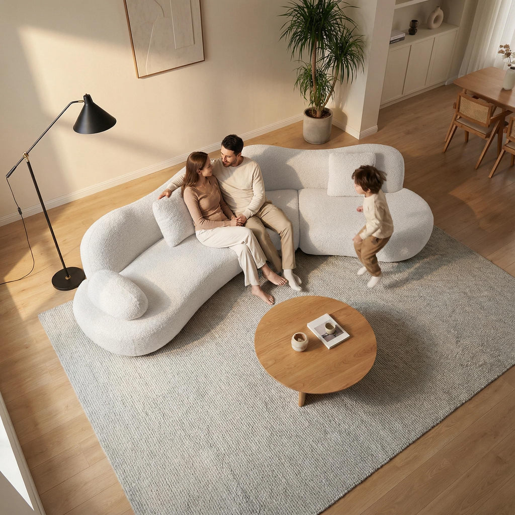 Curved Sectional Sofa, 5 Seater, Boucle, Scandinavian, White
