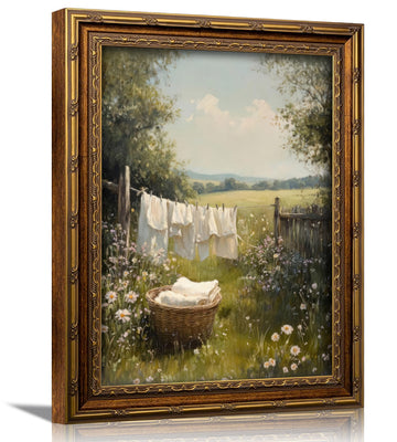 3D Textured Canvas Wall Art Vintage Carved Gold Frame Retro Cottagecore Laundry Farmhouse Country Landscape Relief
