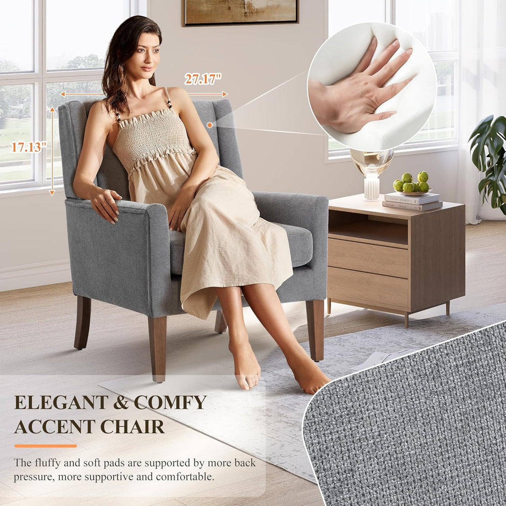 Living Room Chair, Wingback Mid-Century Accent Chair - Comfy Single Sofa with Solid Wood Legs & Velvet-Like Fabric