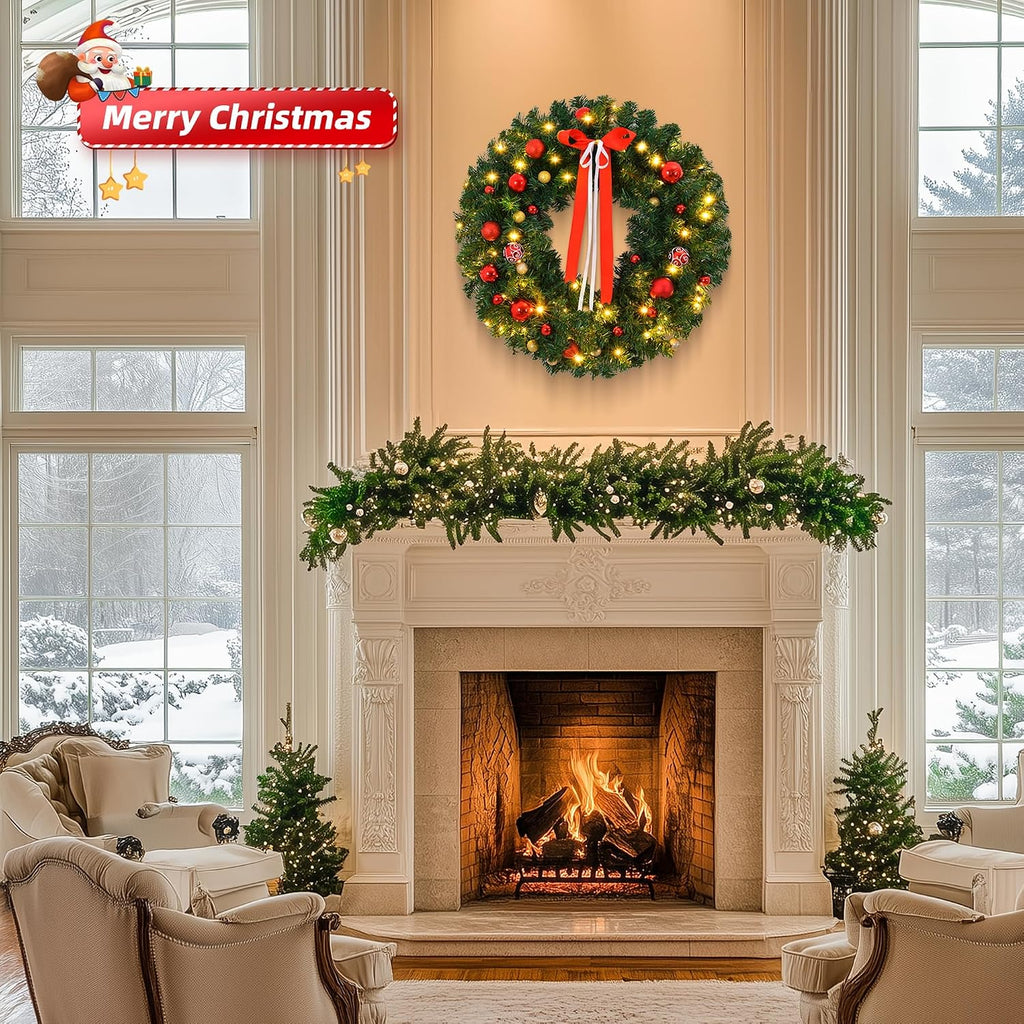 36 in Battery Powered Pre-Lit Christmas Wreath, 80 Warm Lights