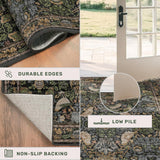 8x10 Washable Floral Area Rug, Low Pile Non-Slip Nature Design Carpet Dark Green Brown