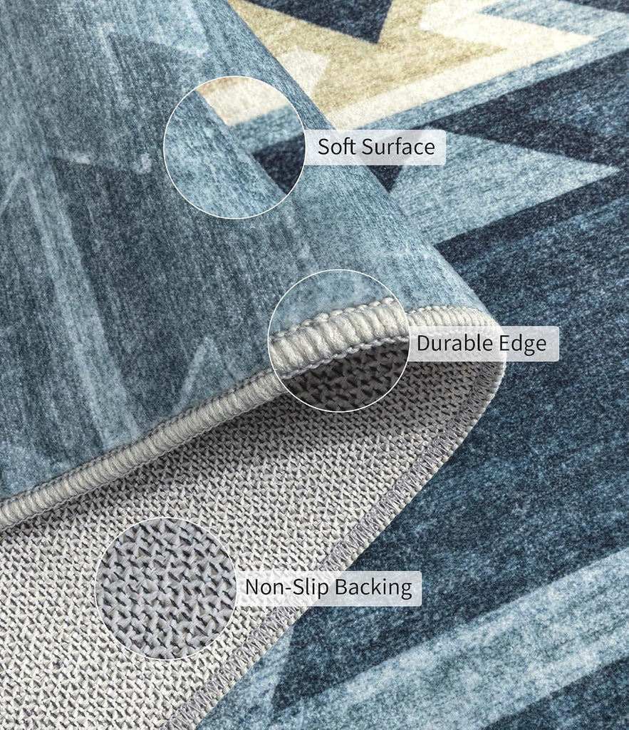 Washable Western Aztec Area Rug, Blue