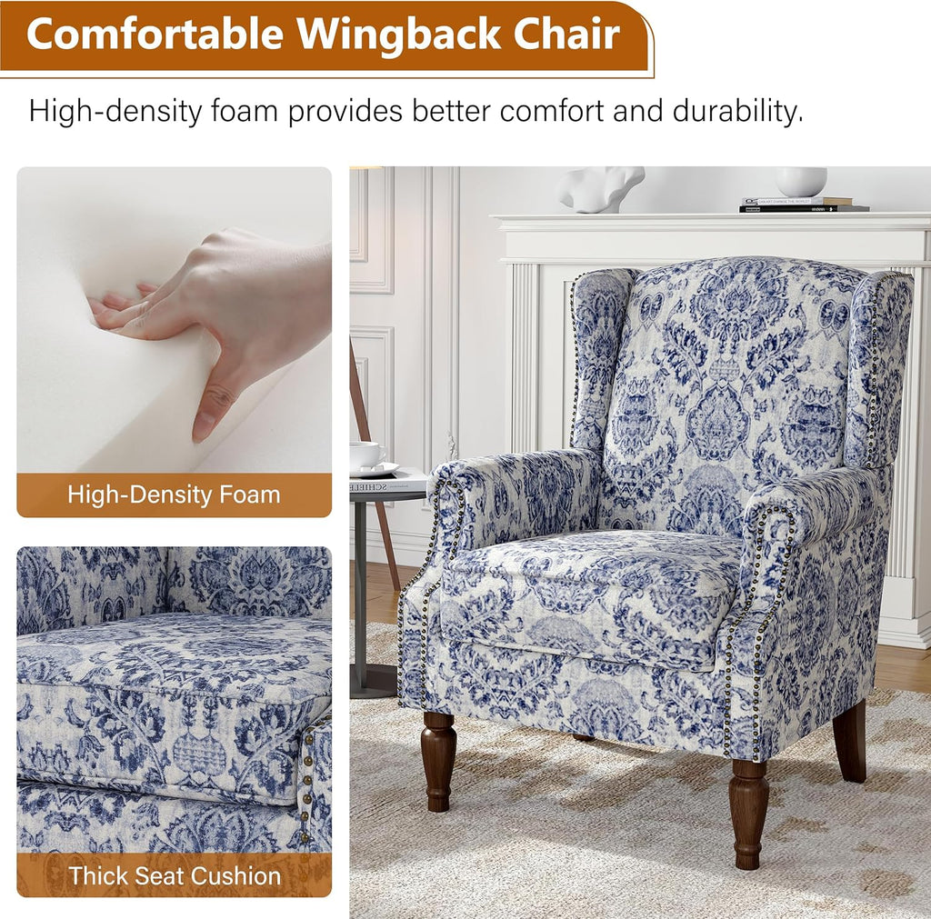 Wingback Accent Chairs Set of 2, High Back Armchair , Navy | Ergonomic Design | Linen Fabric | High-Resilient Foam
