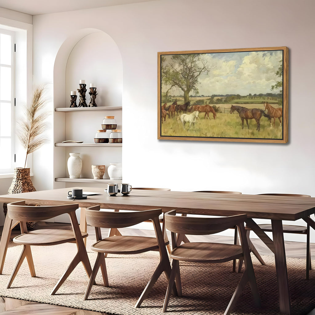 Floating Framed Canvas Wall Art, Vintage Nature landscape Picture Wall Decor, Majestic Brown Horse in The Countryside
