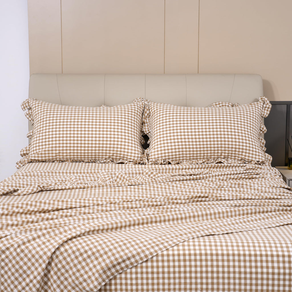 Plaid Ruffle Sheets Full Size 4-Piece Set, 100% Cotton Checker Sheet Set 16'' Deep Pocket Farmhouse Gingham