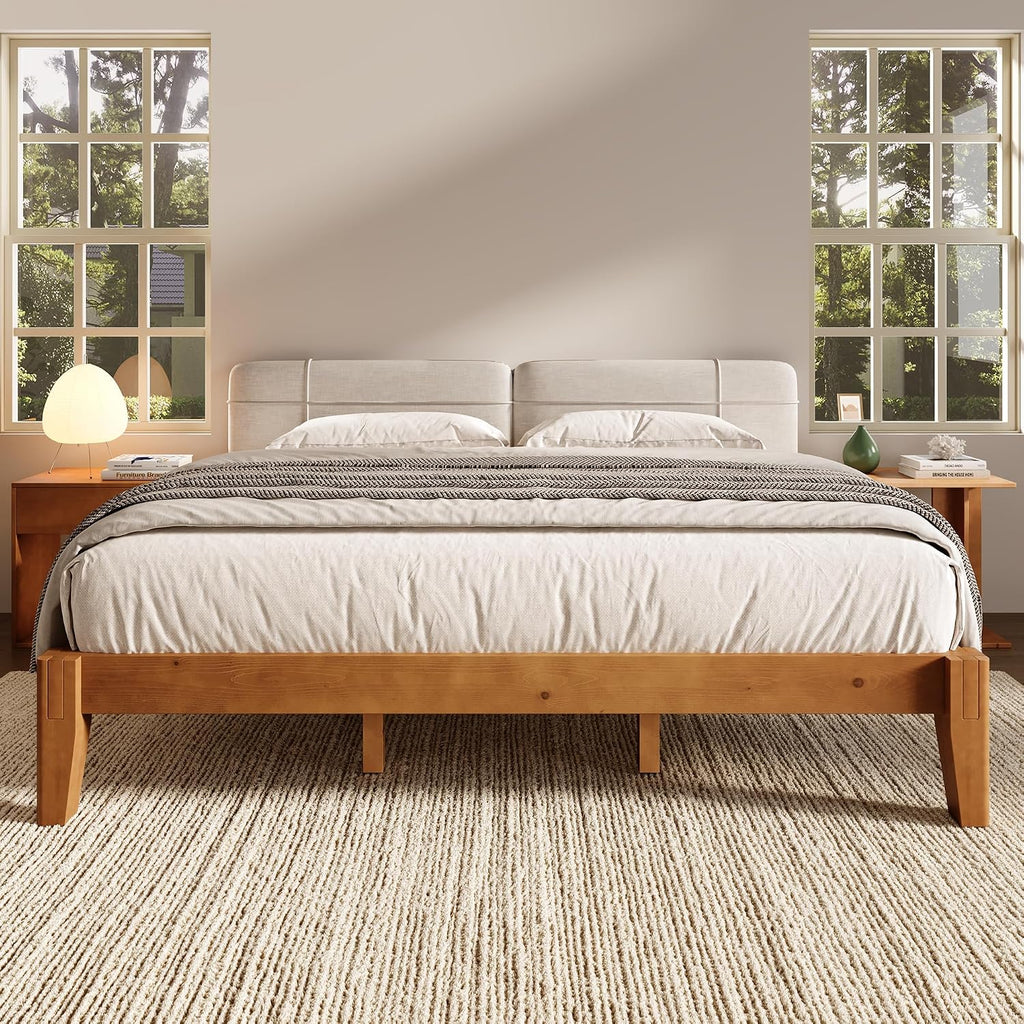 Solid Wood Bed Frame, Tool-Free, Japanese Joinery, Brown