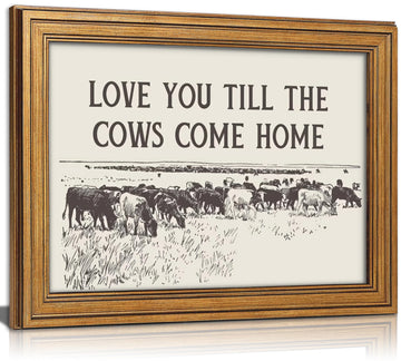 Vintage Gold Framed Cow Wall Art, Western Cowboy Country Landscape Painting Canvas Prints, Romantic Quotes Family