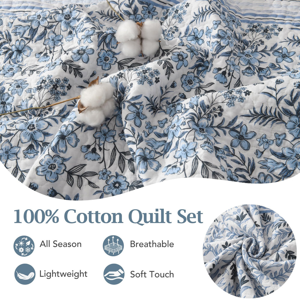 Blue White Toile Quilt, 3-Piece Cotton Bedspread with Shams