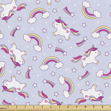 Unicorn Party Fabric by The Yard, Pattern of Magic Horse Rainbow Clouds and Stars, Decorative Fabric for Upholstery