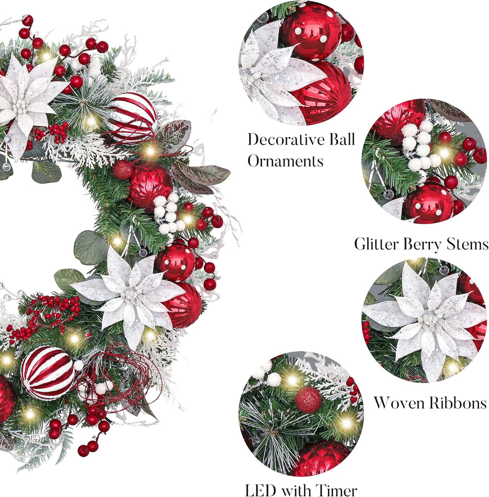 24'' Pre-Lit Christmas Wreath for Front Door with Light, Collapsible Lighted Outdoor Christmas Wreath with Red White