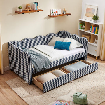 Twin Size Upholstery Gingham Daybed with 2 Storage Drawers and USB, Modern Style Adorable Wave Shaped Linen Sofa Bed