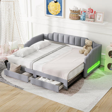 Upholstered Daybed with LED Light and Drawers, Twin XL Size Wood Daybed with Strong Supports Living Room Guest Room