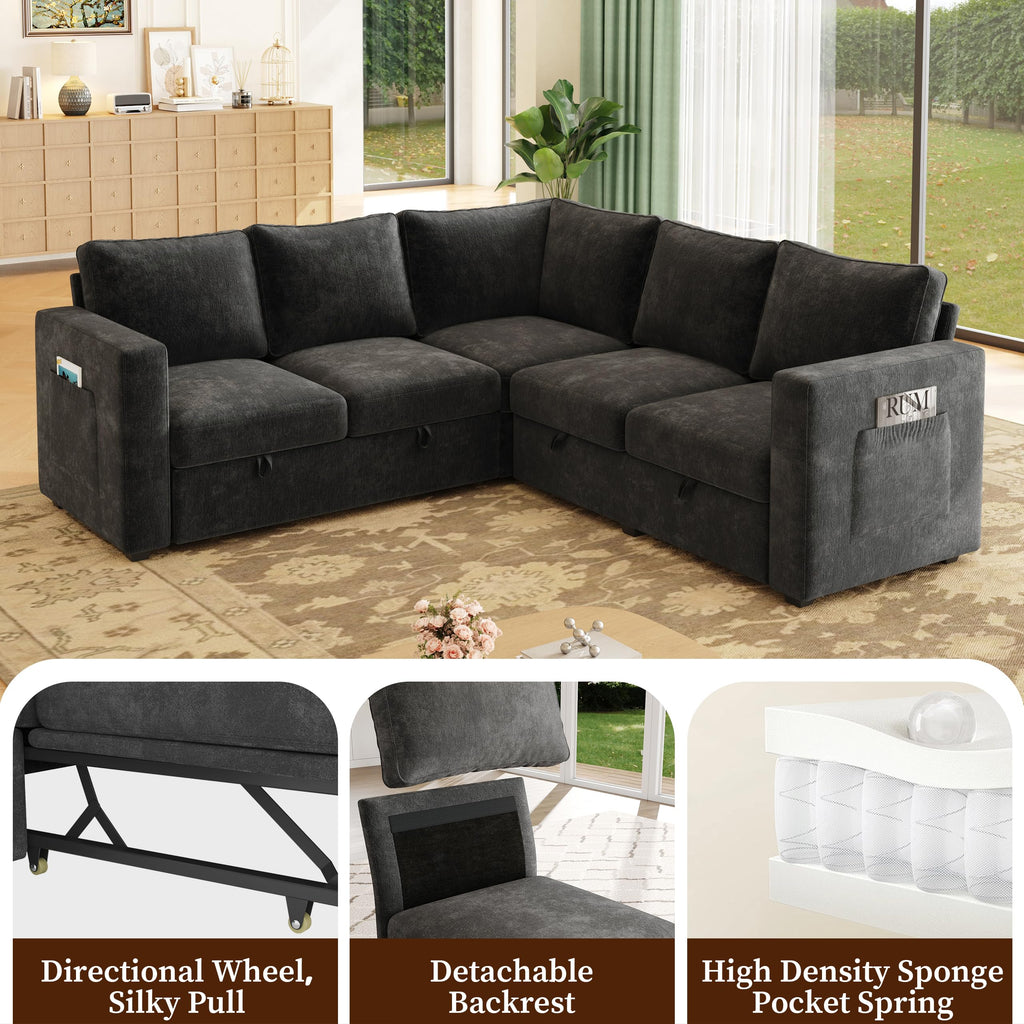 Sectional Sleeper Sofa, Pull Out Couch with Storage, Charcoal Gray, 5 Seat