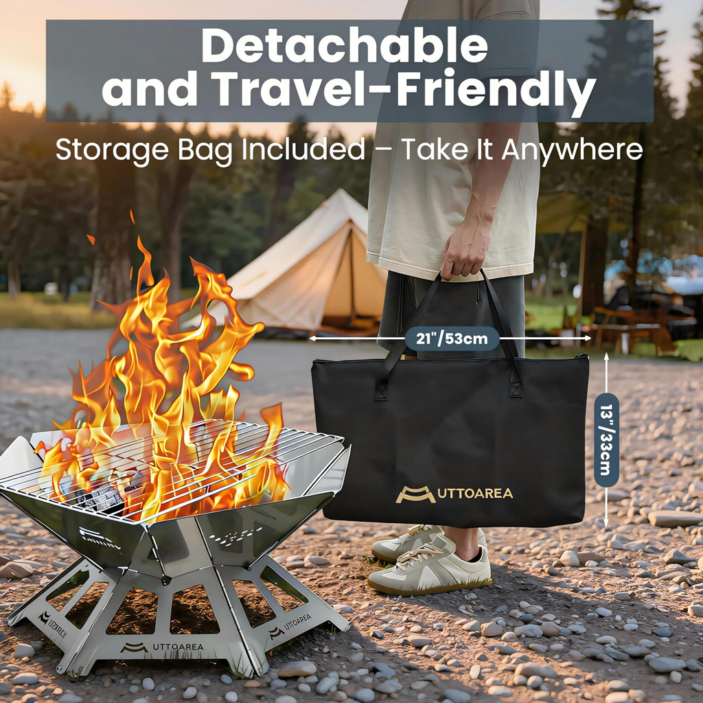 21" Portable Outdoor Fire Pit with Charcoal Grill Net & Storage Bag