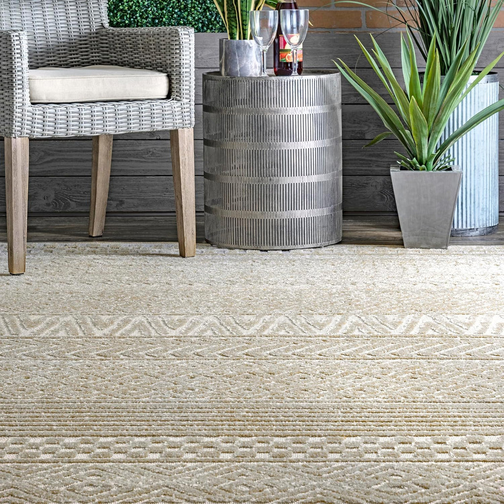 Kamryn Beige Geometric Power Loomed Indoor/Outdoor Area Rug