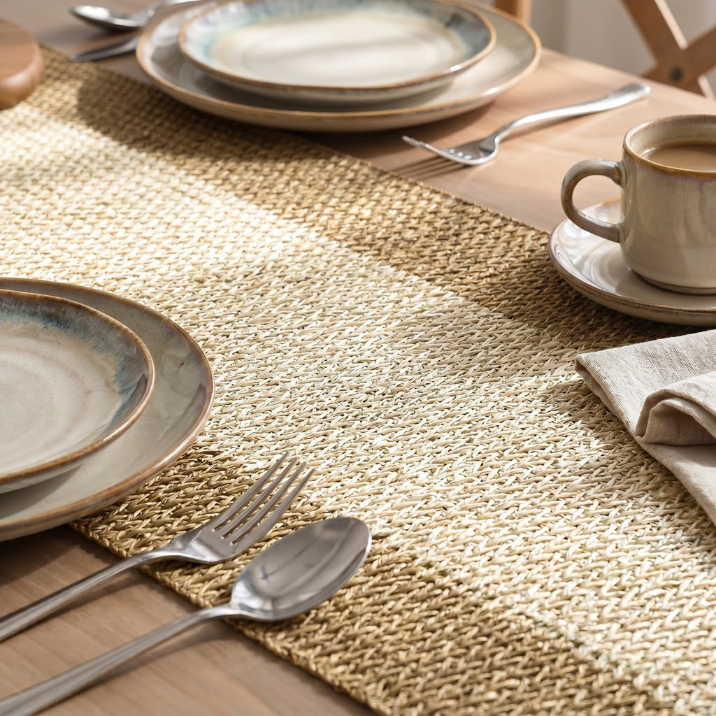 Burlap Brown Farmhouse Rustic Paper Braided Table Runner, Seasonal Christmas Woven Kitchen Dining Table Decoration