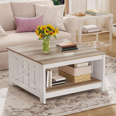 Square Coffee Table, Farmhouse Coffee Table with Storage