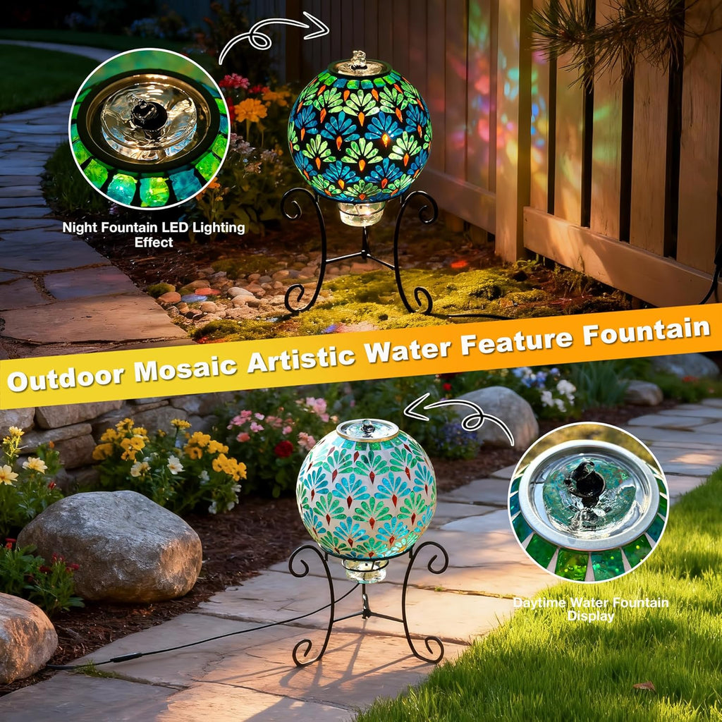 Mosaic Glass Fountain, Floor-Standing Lighted Water Feature with Quiet Pump, Indoor/Outdoor Decorative Accent Lighting