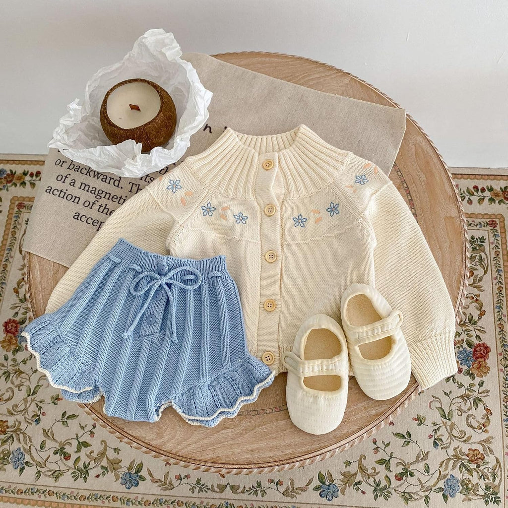 Kids Knitted Cardigan Sweater and Short set, Long Sleeve, Toddler Girls Clothes, Beige, Blue (US, Age, 18 Months, 24