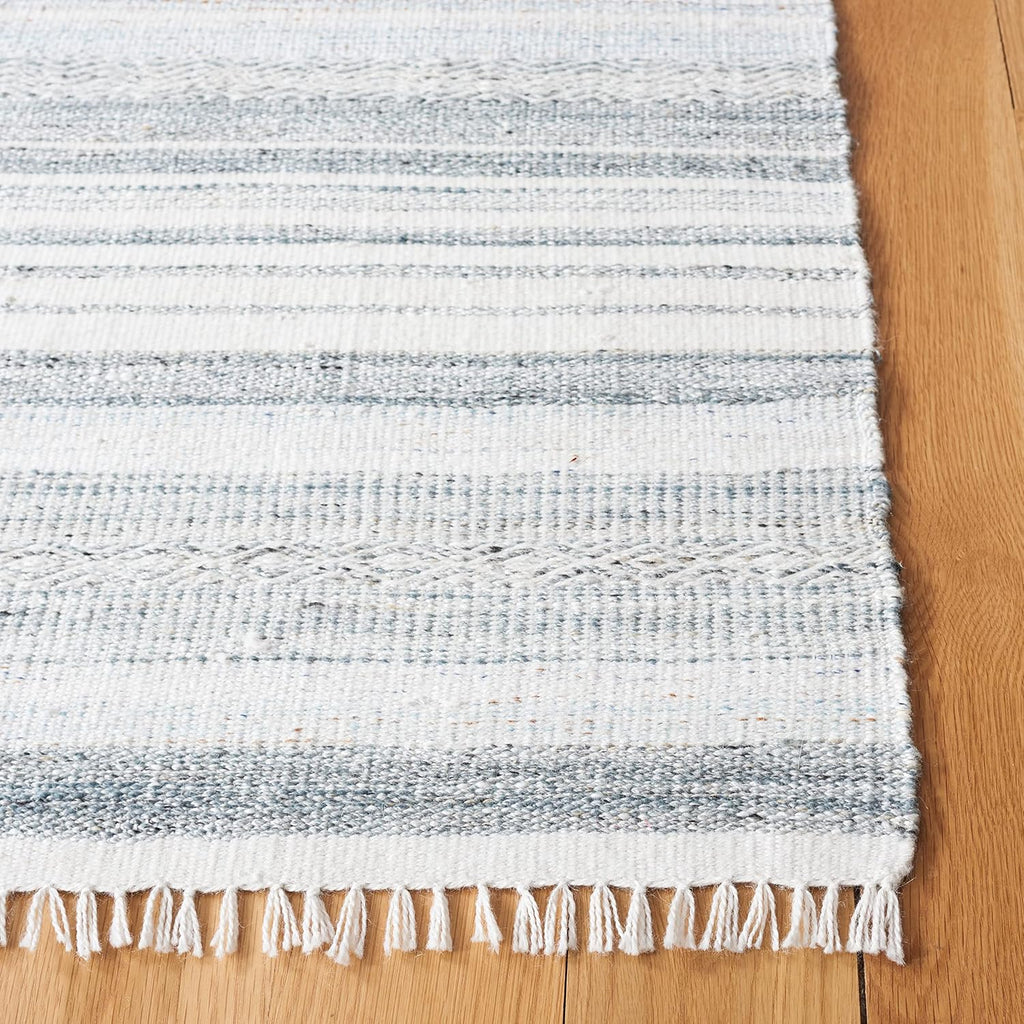Kilim Collection Area Rug, Ivory & Light Blue, Handmade Stripe, Ideal for High Traffic Areas (KLM277M)
