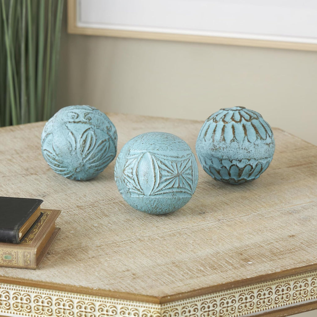 Paper Mache Handmade Intricately Carved Decorative Ball Orbs & Vase Filler with Various Floral Patterns 4" - Set of 3
