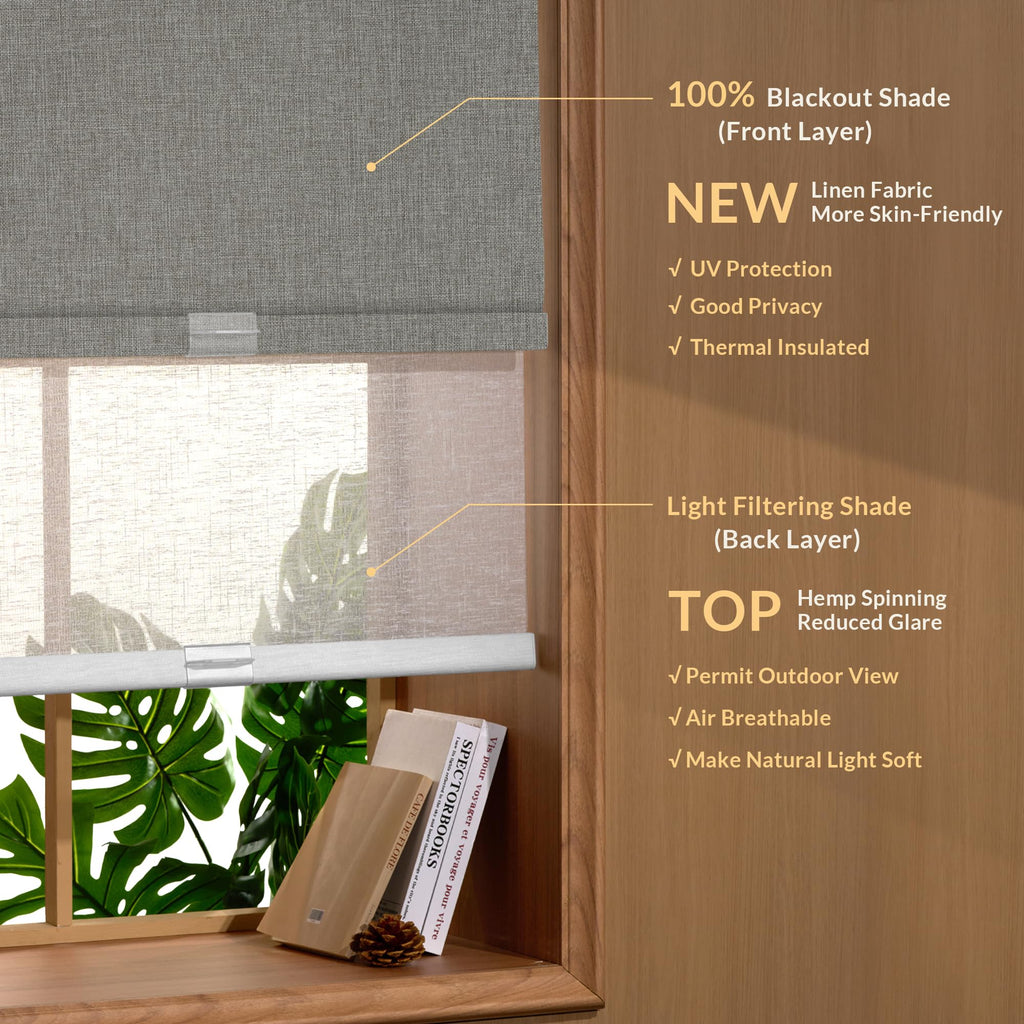 Cordless Dual Roller Shades, Linen Grey & White, Custom Size