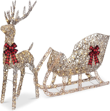 Lighted Christmas 4ft Reindeer & Sleigh Holiday Outdoor Yard Decoration Set w/ 205 LED Lights, Stakes, Zip Ties