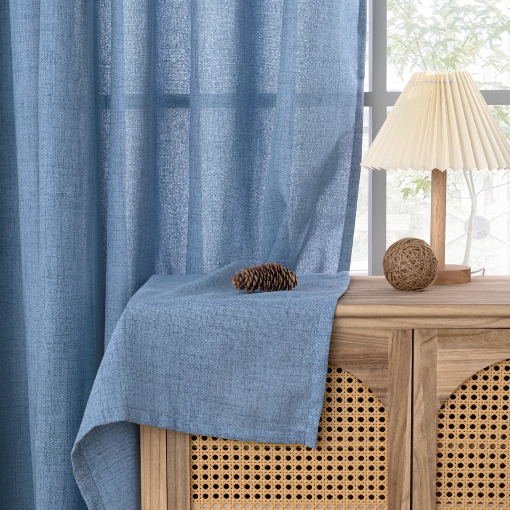 Blue Linen Curtains 63 Inch Length 2 Panels Set- Light Filtering Drapes with Bronze Grommet Privacy Ocean Decorative