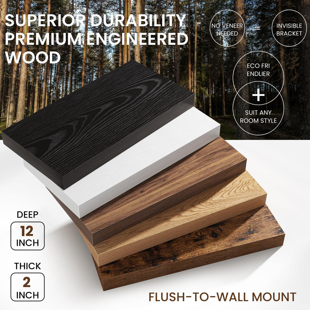 40Inch White Floating Shelves for Wall, 12 Inch Deep Shelves Wall Mounted, Rustic Wood Floating Shelf with Invisible