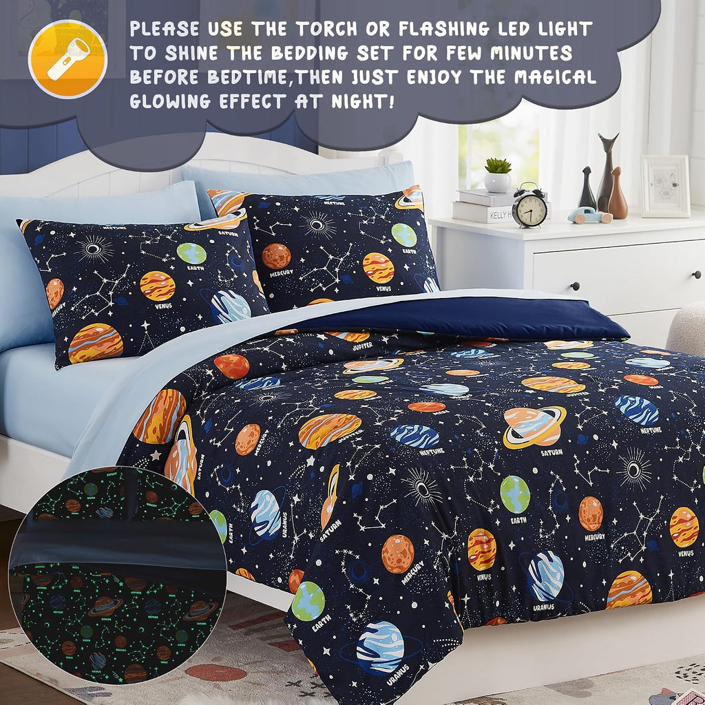 Twin Kids Comforter Set - 5 Pieces Twin Bedding Sets for Boys, Glow in The Dark Space Bed in A Bag with Sheets