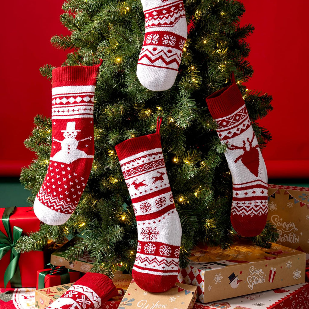 18" Christmas Knit Stockings, Large Rustic Yarn Xmas Stockings Bulk, Cable Knit Xmas Stockings with Snowflake - Set of 6