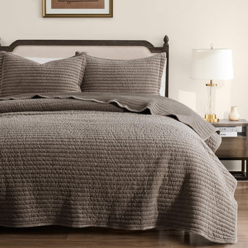 Velvet Quilt Set - Beige Striped Soft Lightweight Bedspread, Tan Neutral Ribbed Farmhouse Country Rustic