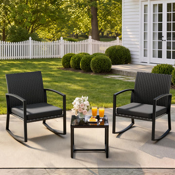 Rocking Bistro Set - Reinforced Steel Frame-3Pieces Patio Furniture Set, Outdoor Rattan Conversation Set with Tempered