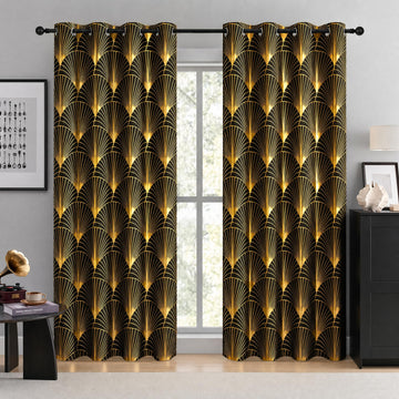 100% Blackout Curtains - Black and Gold Foil Print, Art Deco Design, Thermal Insulated & Noise Reducing Drapes